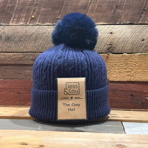 Navy Unisex Cable Bobble Hat